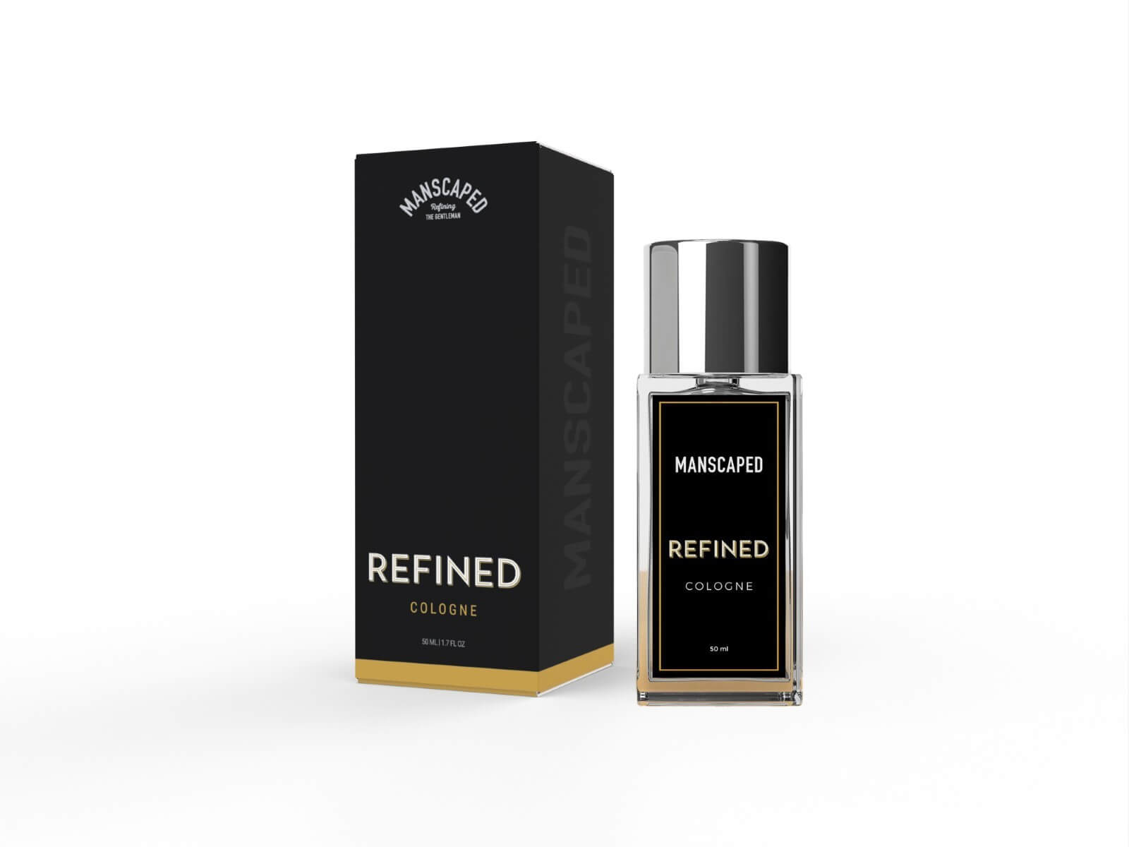 A custom package design including a folding carton and bottle for Refined, a cologne from Manscaped