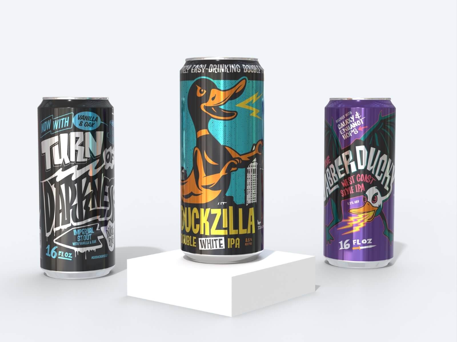 Three aluminum cans with different package designs from STiCKi, a print marketing company