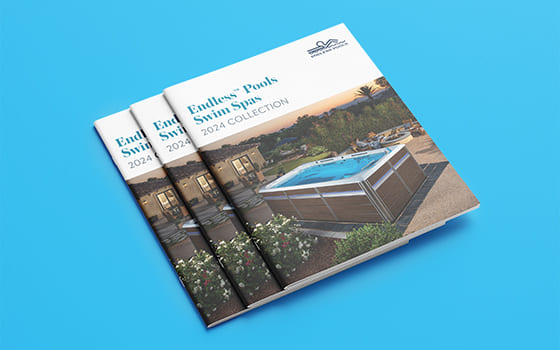 Three copies of an Endless Pools brochure created via STiCKi’s commercial printing service