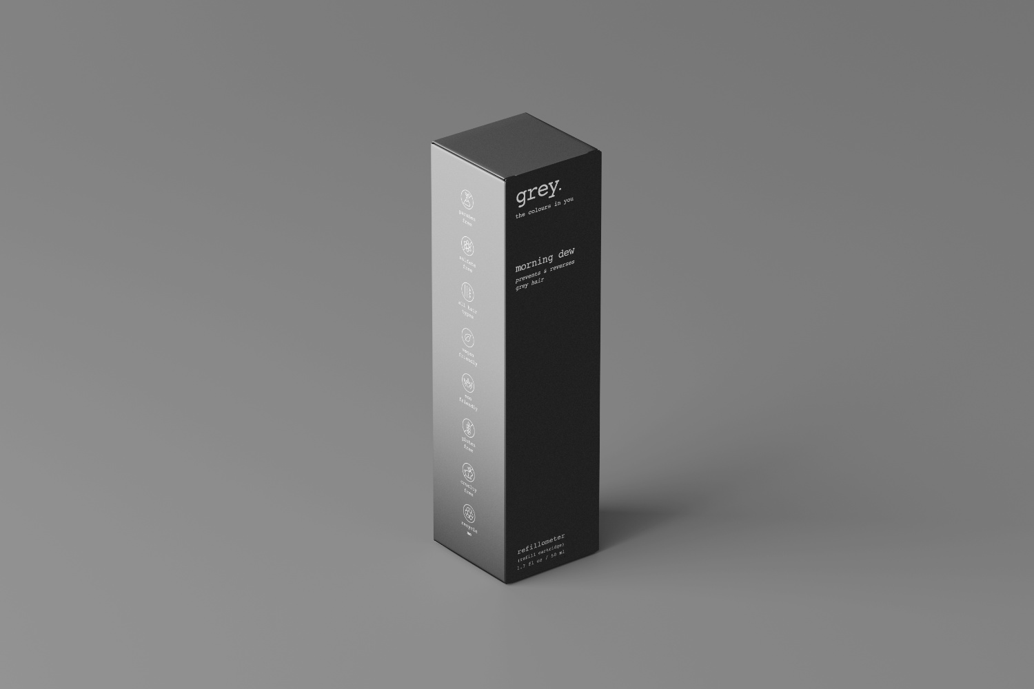 A small, dark-colored folding box for a cosmetic product