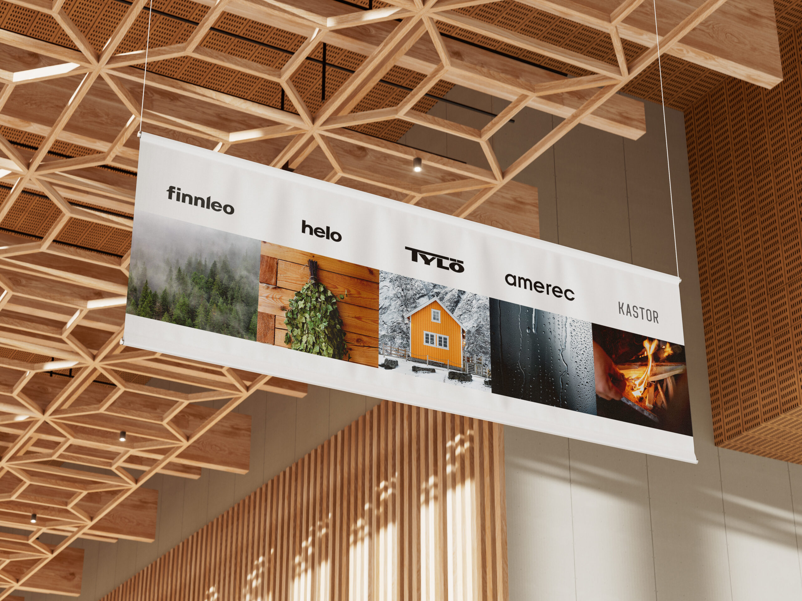 Sauna360 large format banner displayed from ceiling featuring brands.