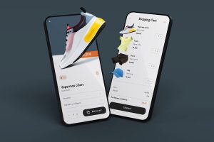 iPhone mockup of an ecommerce store with shoes on a checkout page.