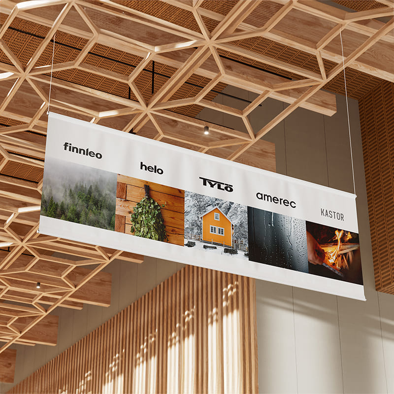 Sauna360 banner on wood ceiling featuring all their brands and related brand imagery. 