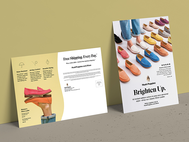 Direct mail campaign by Hush Puppies shown on tan and white background. 