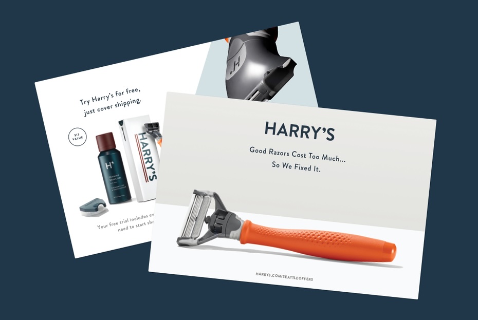 Harry's razor club direct mail card on navy background.