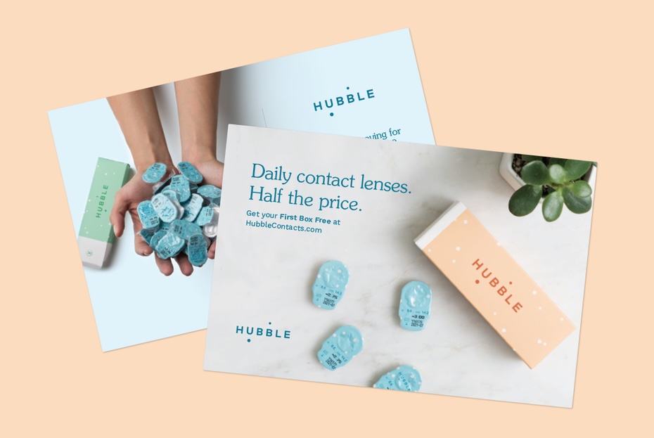 Hubble contact lense delivery service direct mail on peach background. 