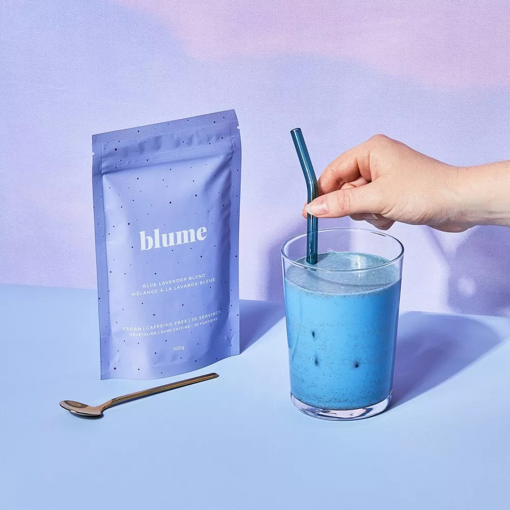 Blume lavender blend in a flexible pouch with cup.